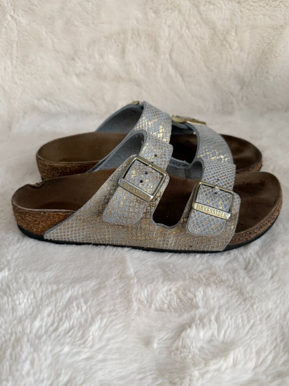 Birkenstock Arizona Shiny Python Two-Strap Dusty Blue Slide Sandal Size: EU36 - Picture 4 of 16